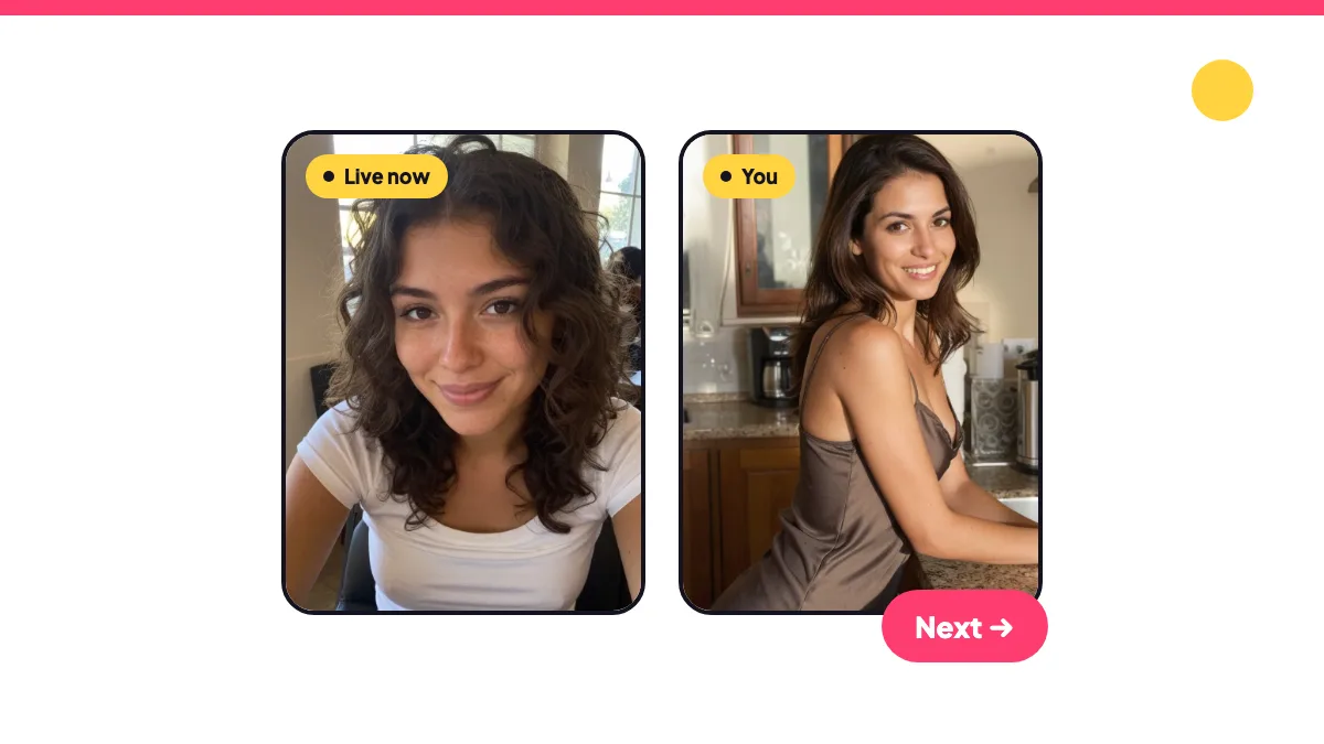 Vawkr chat with strangers: two live video tiles with a Next button